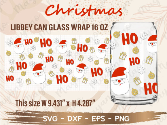 16oz Ho Ho Christmas Libbey Can Glass Illustrations