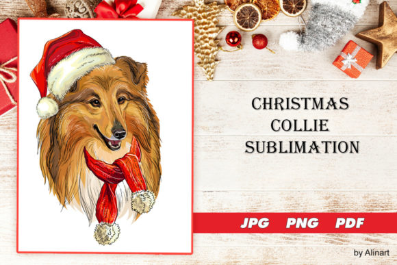 Cute Christmas Collie Dog Sublimation Illustrations