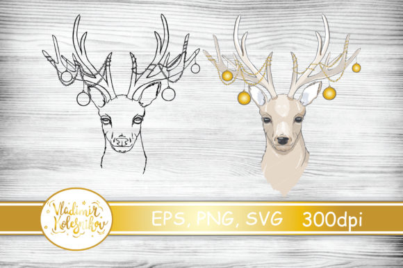 Deer with Christmas Balls on the Horns Illustrations