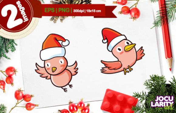 Kawaii Christmas Pink Bird Cartoon Illustration
