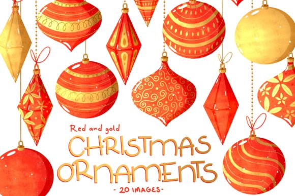 Red and Gold Christmas Ornaments Clipart for Commercial Use