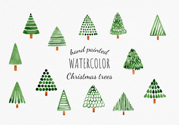 Set of 13 Hand Painted Christmas Trees Illustrations