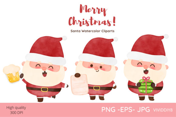 Watercolor Santa Christmas Kawaii Xmas Illustrations